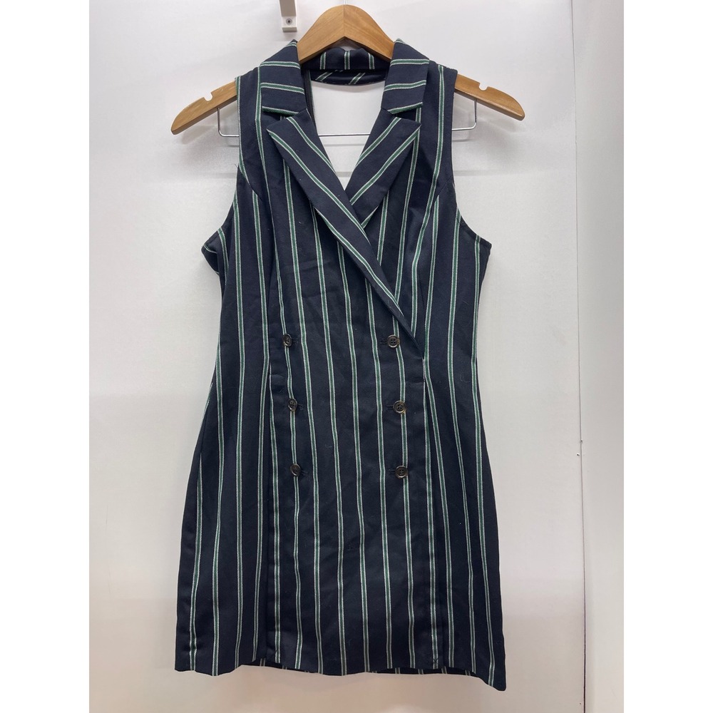 BCBGeneration Navy Green Striped Double Breasted Tuxedo Halter Mini Dress Size 2